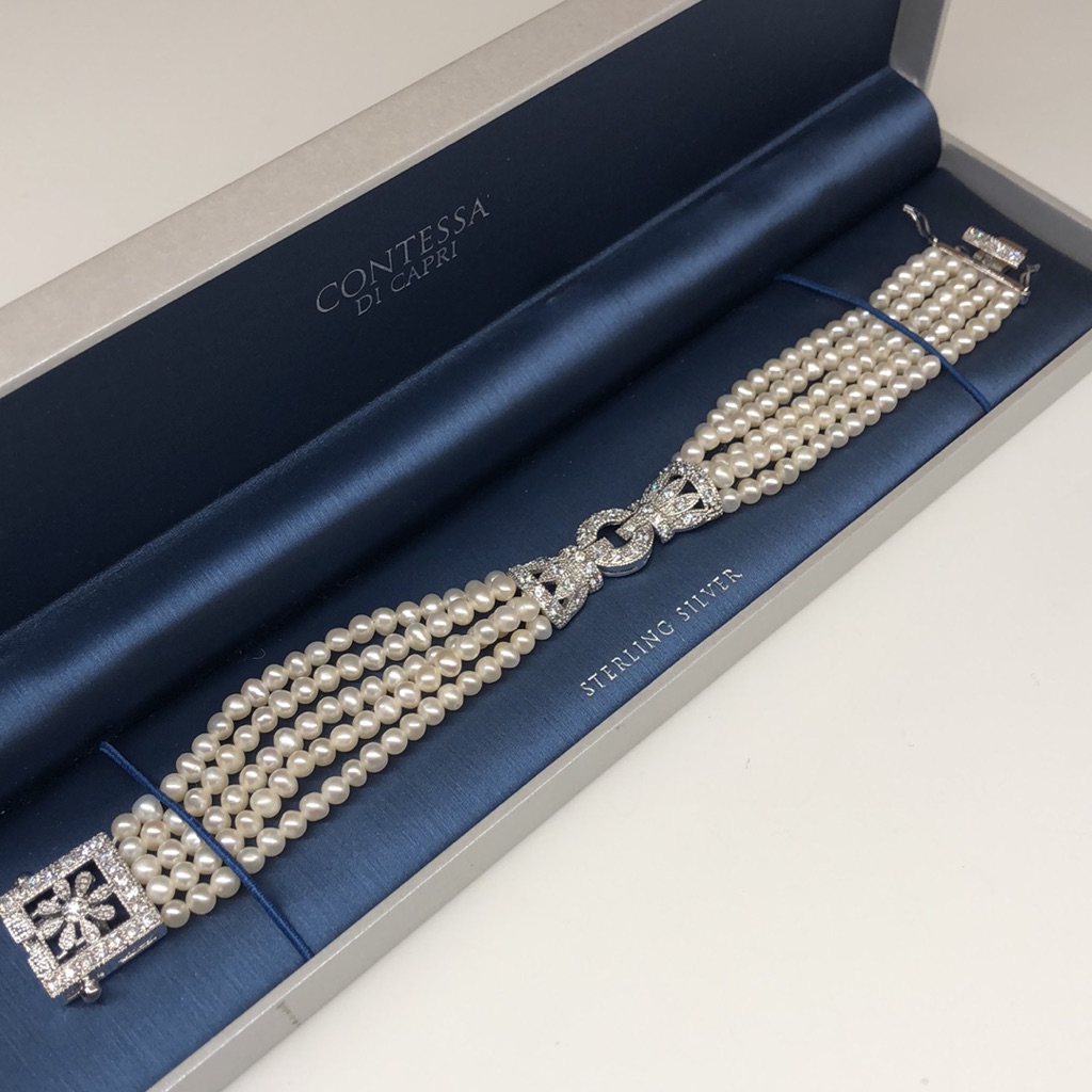 Pearl Bracelet , Cz , Sterling Silver